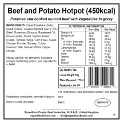 Expedition Foods Beef And Potato Hotpot (450kcal) 9 Expedition Foods Beef And Potato Hotpot (450kcal) -Petzl Shop beef and potato hotpot 450kcal v6 label