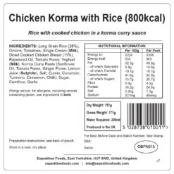 Expedition Foods Chicken Korma With Rice (800kcal) 11 Expedition Foods Chicken Korma With Rice (800kcal) -Petzl Shop chicken korma with rice 800kcal v7 label
