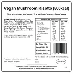 Expedition Foods Vegan Mushroom Risotto (800kcal) 6 Expedition Foods Vegan Mushroom Risotto (800kcal) -Petzl Shop expedition foods vegan mushroom risotto stats
