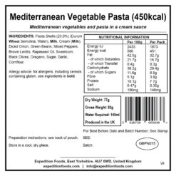 Expedition Foods Mediterranean Vegetable Pasta (450kcal) -Petzl Shop mediterranean vegetable pasta 450kcal v8 label