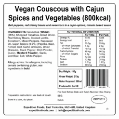 Expedition Foods Couscous With Cajun Spices And Vegetables (800kcal) 8 Expedition Foods Couscous With Cajun Spices And Vegetables (800kcal) -Petzl Shop vegan couscous with cajun spices and vegetables 800kcal v3 label